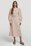 Midi Grey Pink High Neck Pencil Satin Work Dress with Belts