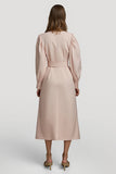 Midi Grey Pink High Neck Pencil Satin Work Dress with Belts