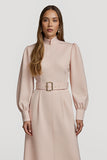 Midi Grey Pink High Neck Pencil Satin Work Dress with Belts
