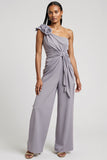 Grey Purple One Shoulder Ruched 3D Flowers Work Jumpsuits