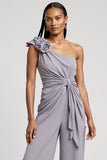 Grey Purple One Shoulder Ruched 3D Flowers Work Jumpsuits