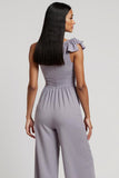 Grey Purple One Shoulder Ruched 3D Flowers Work Jumpsuits