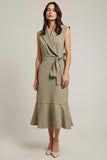 Midi Grey Green Shawl Lapel Pencil Work Dress with Sash