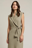 Midi Grey Green Shawl Lapel Pencil Work Dress with Sash
