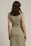 Midi Grey Green Shawl Lapel Pencil Work Dress with Sash