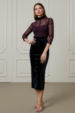2 Piece Dark Purple High Neck Pencil Blouses and Velvet Skirt
