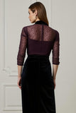 2 Piece Dark Purple High Neck Pencil Blouses and Velvet Skirt
