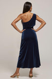 Navy Velvet Midi One Shoulder Ruched Work Dress with Slit