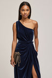 Navy Velvet Midi One Shoulder Ruched Work Dress with Slit