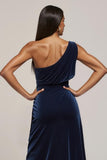 Navy Velvet Midi One Shoulder Ruched Work Dress with Slit