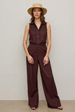 Coffee Collar Neck Shirt Work Jumpsuits with Buttons