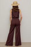 Coffee Collar Neck Shirt Work Jumpsuits with Buttons