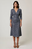 Sparkly Grey Blue Sequins V-Neck Midi Work Dress with Sleeves