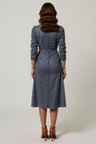Sparkly Grey Blue Sequins V-Neck Midi Work Dress with Sleeves