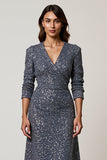 Sparkly Grey Blue Sequins V-Neck Midi Work Dress with Sleeves