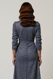 Sparkly Grey Blue Sequins V-Neck Midi Work Dress with Sleeves