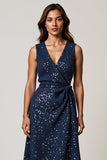 Sparkly Navy V-Neck Ruched A-Line Midi Work Dress