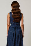 Sparkly Navy V-Neck Ruched A-Line Midi Work Dress
