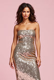 Sparkly Midi Golden Strapless Sequins Bodycon Holiday Party Dress