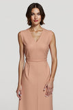 Simple Midi Orange Satin Pencil V-Neck Work Dress