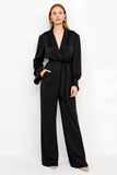 Black Satin Notched Lapel Loose Work Jumpsuits with Sash