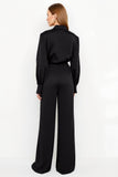 Black Satin Notched Lapel Loose Work Jumpsuits with Sash