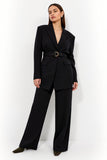 Black Satin Peak Lapel Long Sleeves 2 Piece Women Business Suits with Belt