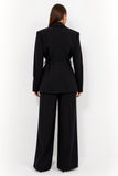 Black Satin Peak Lapel Long Sleeves 2 Piece Women Business Suits with Belt
