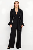 Black Peak Lapel Satin Flare Sleeves Work Jumpsuits with Sash