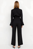 Black Peak Lapel Satin Flare Sleeves Work Jumpsuits with Sash