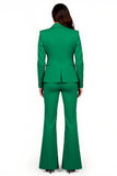 Dark Green Satin Flare Leg 2 Piece Peak Lapel Women Suits with Pockets