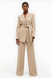 Apricot 2 Piece Notched Lapel Satin Wide Leg Women Business Suits with Belt