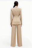 Apricot 2 Piece Notched Lapel Satin Wide Leg Women Business Suits with Belt
