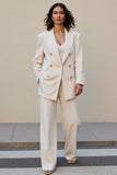 2 Piece Satin Ivory Striped Peak Lapel Business Suits with Pockets