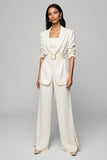 Ivory 2 Piece Peak Lapel Wide Leg Women Business Suits with Belt
