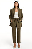 Army Green 2 Piece Satin Peak Lapel Women Business Suits with Pockets