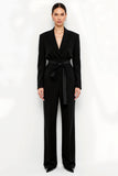 Black Peak Lapel Long Sleeves Satin Women Work Jumpsuits with Sash