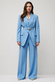Blue 2 Piece Peak Lapel Wide Leg Satin Women Business Suits with Belt