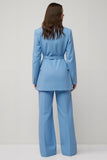 Blue 2 Piece Peak Lapel Wide Leg Satin Women Business Suits with Belt