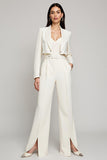 Ivory 2 Piece Peak Lapel Satin Long Sleeves Business Suits with Belt