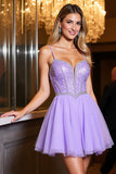 Sparkly A Line Short Purple Tulle Prom Dress with Beading