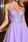 Sparkly A Line Short Purple Tulle Prom Dress with Beading
