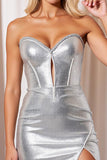 Silver Tight Metallic Keyhole Short Corset Prom Dress with Beading