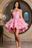 Sparkly Pink Sweetheart Beaded A Line Short Prom Dress with Ruffles