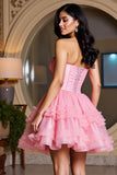 Sparkly Pink Sweetheart Beaded A Line Short Prom Dress with Ruffles