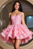 Sparkly Pink Sweetheart Beaded A Line Short Prom Dress with Ruffles