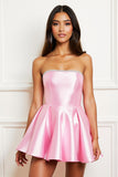 Satin Pink Strapless A Line Short Prom Dress with Beading