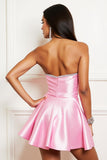 Satin Pink Strapless A Line Short Prom Dress with Beading