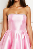 Satin Pink Strapless A Line Short Prom Dress with Beading