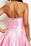 Satin Pink Strapless A Line Short Prom Dress with Beading